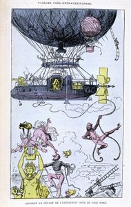Incidente alla partenza della spedizione al Polo Nord (aerostato e scene bizzarre), parodia di Jules Verne, "Viaggi straordinari di Saturnin Farandoul in 5 o 6 parti del mondo e in tutti i paesi conosciuti o sconosciuti a Mr. Jules Verne" da Albert Robida