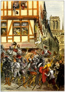 Re Enrico IV di Francia acclamato dalla folla al suo arrivo a Notre-Dame dopo la resa di Parigi il 22 marzo da Albert Robida