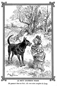 Cappuccetto Rosso, con la sua torta e il barattolo di burro, incontra il Lupo. Disegno di Albert Robida (1848-1926) in un libro di letture per bambini 1920-1930 da Albert Robida