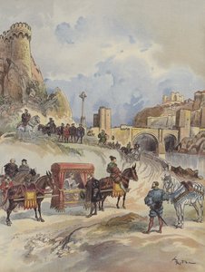 Margherita di Francia andando a visitare suo fratello, è ricevuta al Ponte di Toledo da Carlo V da Albert Robida