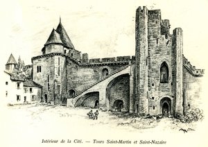 Città medievale di Carcassonne (Aude, Linguadoca, Paese Cataro) - Torri Saint Martin e Saint Nazaire con case costruite contro le mura - incisione romantica di Albert Robida (1848-1926) in un libro pubblicato all