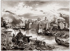 I Vichinghi, pirati normanni comandati dal loro leader Siegfried, assediano Parigi da Albert Robida