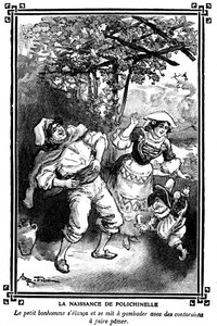 La nascita di Polichinelle. Disegno di Albert Robida (1848-1926) in un libro di letture per bambini 1920-1930