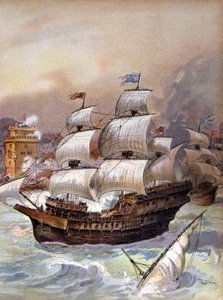 La flotta di Jean Ango blocca il Tago e minaccia Lisbona, c.1909 (illustrazione) da Albert Robida