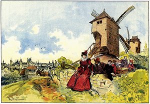 I mulini a vento della Butte Montmartre a Parigi nel XVI secolo da Albert Robida