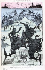Combattimento subacqueo nella baia di Papagayo (scafandri che cavalcano pesci), parodia di Jules Verne, "Viaggi straordinari di Saturnin Farandoul in 5 o 6 parti del mondo e in tutti i paesi conosciuti o sconosciuti a Mr. Jules Verne" di Robida, Parigi da Albert Robida