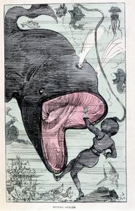 Donna in uno scafandro inghiottita da una balena, parodia di Jules Verne, 