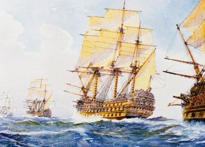 Navi del XVIII secolo in fila indiana con mure a dritta, acquerello di Albert Sebille (1874-1953), XX secolo da Albert Sébille