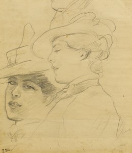 Testa di una donna con cappello decorato, profilo e vista a tre quarti, c.1900