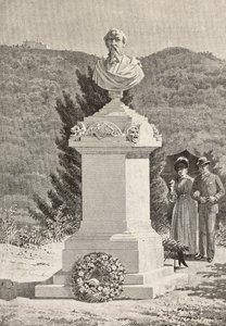 Monumento a Paolo Giacometti (1816-1882) nel cimitero di Staglieno, Genova, Italia, incisione da disegno di Alberto della Valle, da L