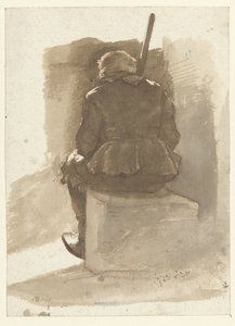 Uomo seduto con bastone, visto di spalle
