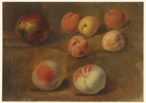 Natura morta con mela, pesche e albicocche