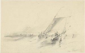 Veduta marina con barca in acque agitate da Albertus van Beest