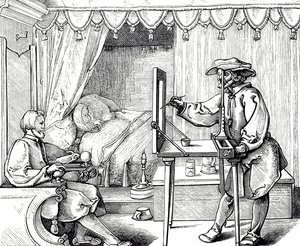 Incisione su legno che raffigura un artista che utilizza un ausilio per il disegno per ottenere le proporzioni corrette di un ritratto. Incisione di Albrecht Dürer (1471-1528)