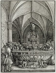 La Sacra Famiglia alla fontana. Incisione di Albrecht Altdorfer. Museo del Louvre.