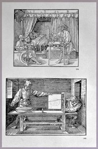 Apparato per tradurre oggetti tridimensionali in disegni bidimensionali, due scene dal primo libro tecnico dell