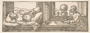 Disegnatore che fa un disegno prospettico di una donna sdraiata da Albrecht Dürer