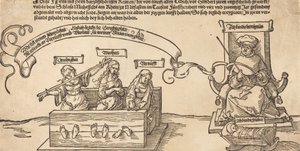 Giustizia, Verità e Ragione nelle catene con il giudice seduto e la Pietà dormiente da Albrecht Dürer