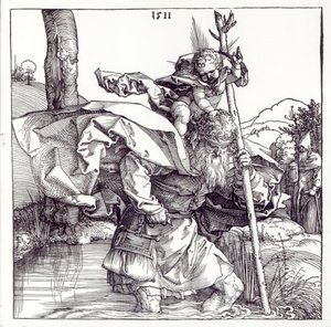 San Cristoforo che porta il Bambino Gesù, 1511 (xilografia) (foto in bianco e nero) da Albrecht Dürer