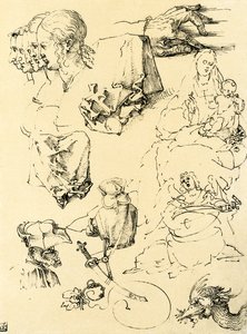 Foglio di studio con diversi disegni