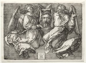 Sudario mostrato da due angeli