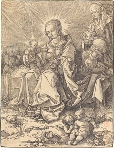 La Sacra Famiglia su una panchina erbosa