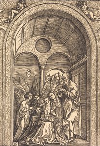La Sacra Famiglia con due angeli in una sala voltata, c. 1504