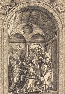 La Sacra Famiglia con Due Angeli in una Sala Voltata, c. 1504 da Albrecht Dürer