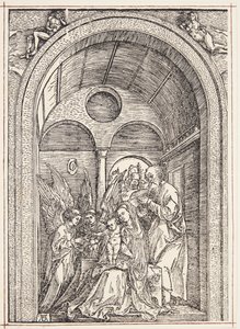 La Sacra Famiglia con due angeli in una sala a volta da Albrecht Dürer