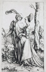 Una coppia che cammina, osservata dalla Morte nascosta dietro un albero, che tiene una clessidra. Incisione di Albrecht Dürer (1471-1528) 1496-1498. Dim. 19x12 cm Berlino, gabinetto delle incisioni da Albrecht Dürer