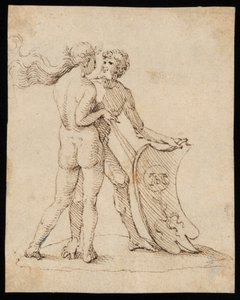 Donna nuda e uomo con lo scudo con lo stemma di Willibald Pirckheimer