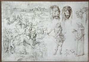 Ratto di Europa, teste di leone, arciere, saggio, teschio (disegno) da Albrecht Dürer or Duerer