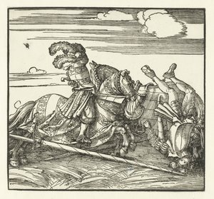 Due cavalieri che combattono a cavallo
