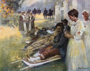 Primo soccorso: Soldato ferito e la sua infermiera in un posto di medicazione durante la Prima Guerra Mondiale in Francia