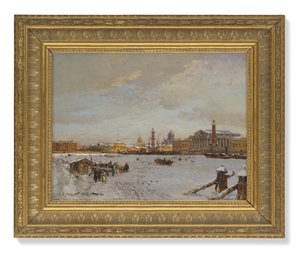 Vista sul Neva ghiacciato, le colonne Rostral, la Cattedrale di Sant