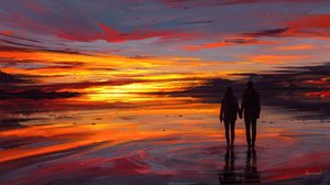 Una romantica passeggiata sulla spiaggia al tramonto