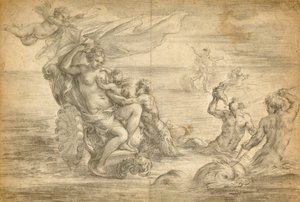 Venere seduta nel suo carro marino che succhia Cupido
