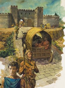 Carro che entra in una città murata nella Britannia romana (gouache su carta)