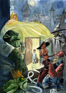 Un bambino che guarda i personaggi delle fiabe come il Gatto con gli stivali, una principessa e un rospo, i Sette Nani
