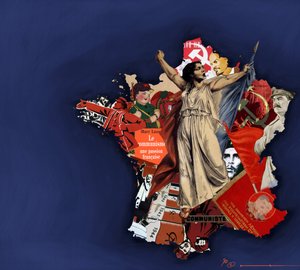 Una mariana su uno sfondo di collage comunista. Allegoria del comunismo in Francia. 2010. Disegno a colori di Alessandro Lonati da Alessandro Lonati