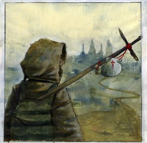 Un pellegrino sulla strada di Santiago de Compostela con il simbolo della conchiglia di San Giacomo, Spagna. Illustrazione di Alessandro Lonati
