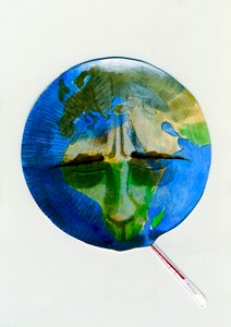 Rappresentazione allegorica della Terra, termometro in bocca, a causa dei danni causati dagli esseri umani