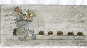 Società dei consumi: produzione di cibo spazzatura, hamburger fatto con resti umani e animali. Illustrazione di Alessandro Lonati da Alessandro Lonati