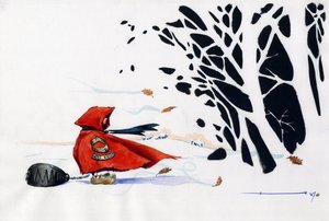 Favola di Cappuccetto Rosso di Charles Perrault (1628-1703) rivisitata: Cappuccetto Rosso entra nella foresta con una trappola per lupi molto pericolosa per la bestia da Alessandro Lonati