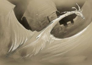 Creatura fantastica: un drago che vola sopra una torre del castello