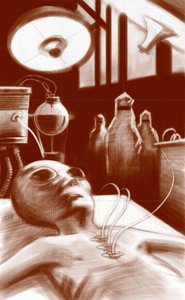 Creatura fantastica: un alieno sottoposto a test di laboratorio. Illustrazione di Alessandro Lonati, 2010