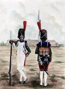 Primo Impero (1804-1814 e 1815): soldati granatieri della Guardia Reale della Grande Armée napoleonica nella piazza del Castello Sforzesco a Milano, Italia