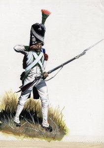 Primo Impero (1804-1814 e 1815): soldato Velite della grande armata napoleonica in Italia che apre una cartuccia da Alessandro Lonati