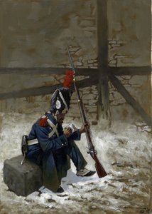 Primo Impero: granatiere della guardia in cappotto seduto nella neve da Alessandro Lonati