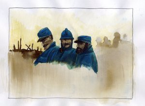 Prima Guerra Mondiale: soldati francesi durante la prima guerra mondiale Disegno a colori di Alessandro Lonati